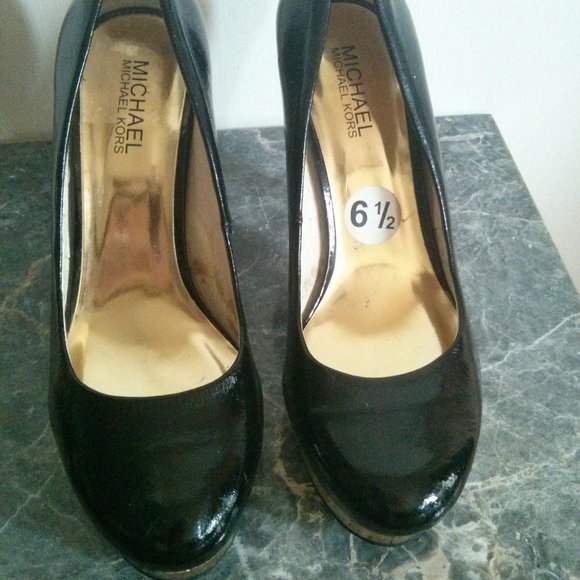 Patent Black & Gold Cork Platform Heels Size 6.5 - Picture 4 of 16